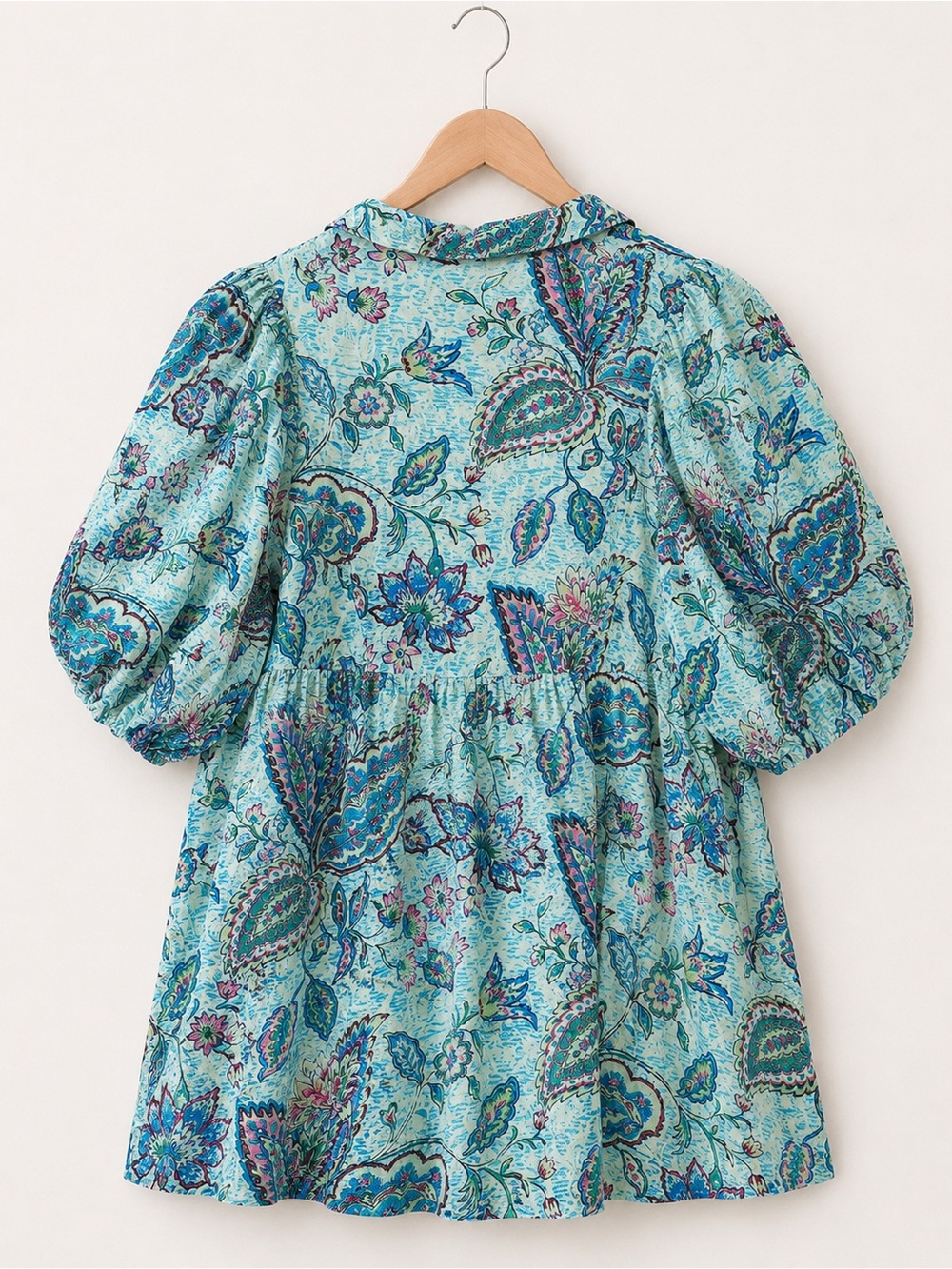 Umgee Boho Aqua Blue/Purple Paisley Floral Pintuck Puff Sleeve Blouse Top 1XL - Picture 5 of 8